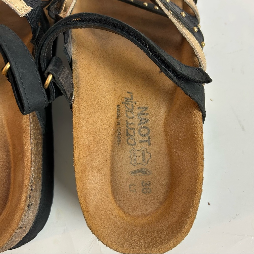 NOAT PRESCOTT Slide Sandal Leather Black/Gold Cork Wedge US 7 EU 38 - Picture 10 of 12